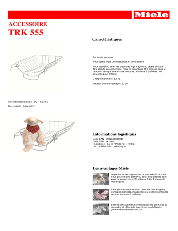 Product information | Miele TRK 555 Panier de Séchage Panier séchage Product fiche | Fixfr