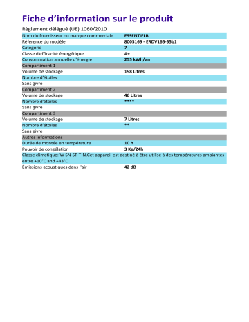 Product information | Essentielb ERDV165-55b1 Réfrigérateur 2 portes Product fiche | Fixfr