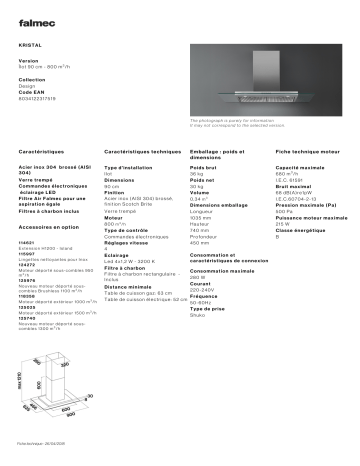 Product information | Falmec KRISTAL2430 Hotte décorative îlot Product fiche | Fixfr