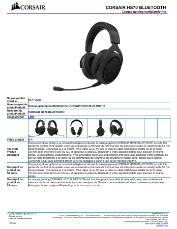 Product information | Corsair HS70 Bluetooth Casque gamer Product fiche | Fixfr
