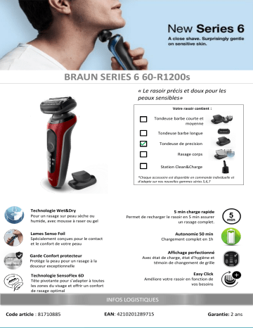 Product information | Braun SERIES 6 60-R1200S Rasoir électrique Product fiche | Fixfr