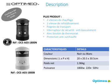 Product information | Optimea OCE-A03-1800N Chauffage soufflant Product fiche | Fixfr