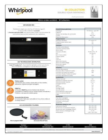 Product information | Whirlpool W9MD260BSS W COLLECTION connecté Micro ondes encastrable Product fiche | Fixfr