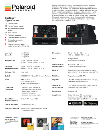 Product information | Polaroid One Step + noir Appareil photo Instantané Product fiche | Fixfr