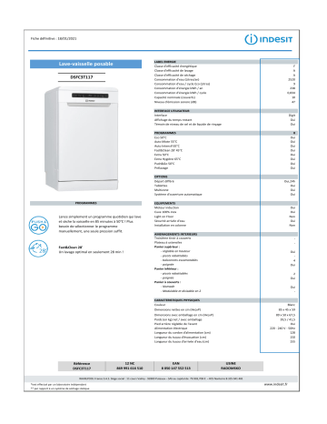 Product information | Indesit DSFC3T117 Lave vaisselle 45 cm Product fiche | Fixfr