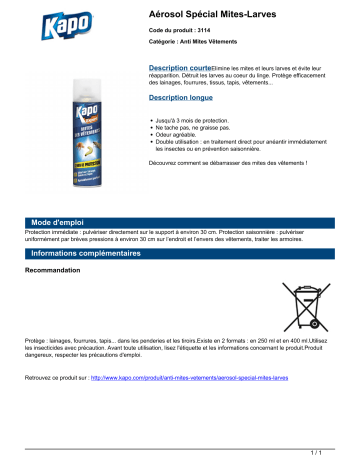 Product information | Kapo Aérosol mites et larves 250 ml Antimites Product fiche | Fixfr