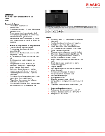 Product information | Asko CM8477S Expresso encastrable Product fiche | Fixfr