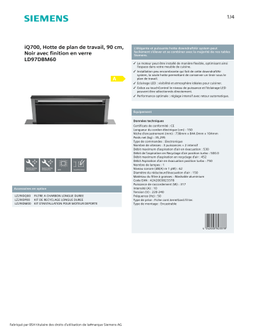 Product information | Siemens LD97DBM60 IQ700 Hotte encastrable plan de travail Product fiche | Fixfr