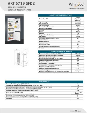 Product information | Whirlpool ART6719SFD2 Réfrigérateur combiné encastrable Product fiche | Fixfr