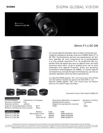 Product information | Sigma 30mm F1.4 DC Contemporary Canon EF-M Objectif pour Hybride Product fiche | Fixfr