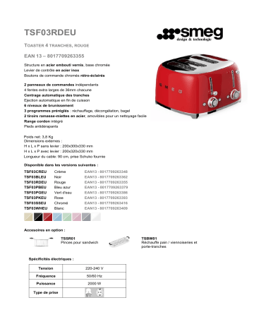 Product information | Smeg TSF03RDEU Rouge Grille-pain Product fiche | Fixfr