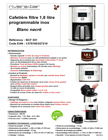 Product information | Riviera Et Bar BCF551 Cafetière programmable Product fiche | Fixfr