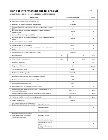 Product information | TCL 55C825 Mini Led Android TV TV QLED Product fiche | Fixfr
