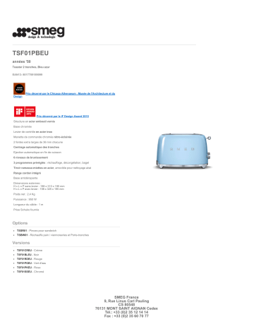 Product information | Smeg TSF01PBEU Bleu Azur Grille-pain Product fiche | Fixfr