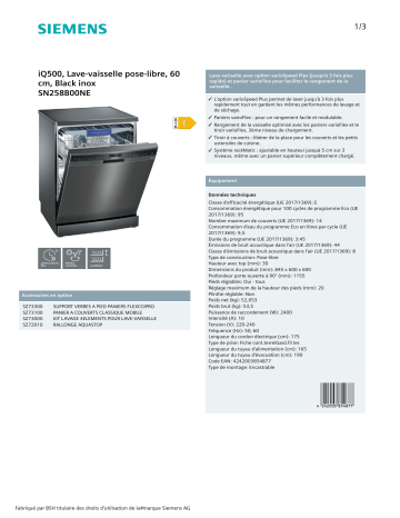 Product information | Siemens SN258B00NE iQ500 Lave vaisselle 60 cm Product fiche | Fixfr