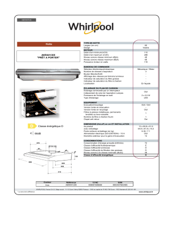 Product information | Whirlpool AKR441/2IX Hotte casquette Product fiche | Fixfr