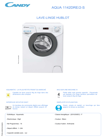 Product information | Candy AQUA 1142DRE/2-S Lave linge hublot Product fiche | Fixfr