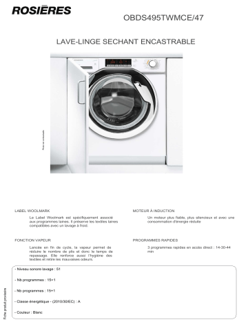 Product information | Rosieres OBDS495TWMCE/47 Lave linge séchant hublot encastrable Product fiche | Fixfr