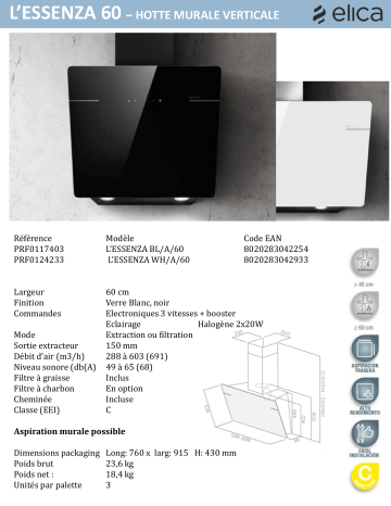 Product information | Elica L'ESSENZA BL/A/60 Hotte décorative murale Product fiche | Fixfr