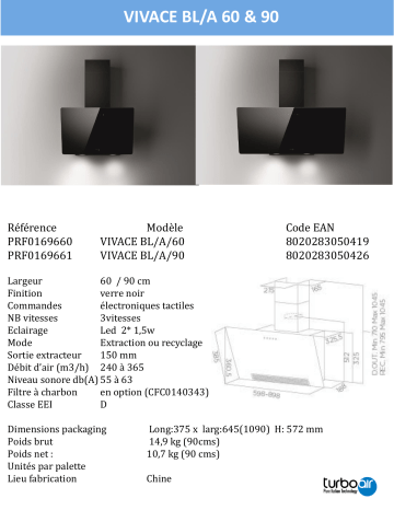 Product information | Turboair VIVACE BL/A/90 Hotte décorative murale Product fiche | Fixfr