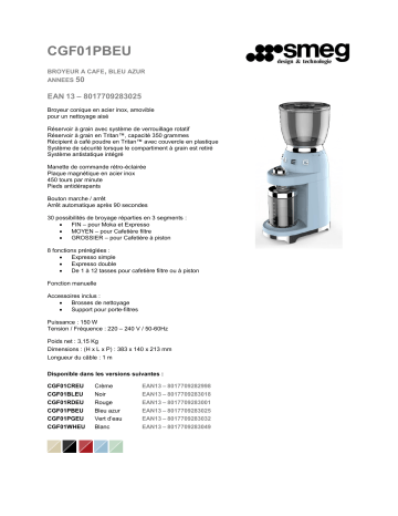 Product information | Smeg Broyeur à café CGF01PBEU Bleu Azur Moulin à café Product fiche | Fixfr