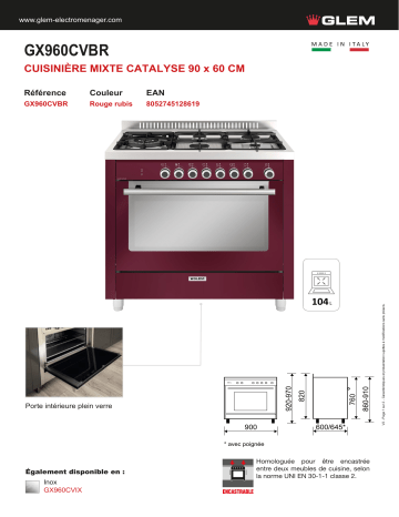 Product information | Glem GX960CVBR Piano de cuisson mixte Product fiche | Fixfr