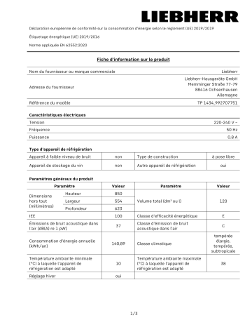 Product information | Liebherr TP1434-22 Réfrigérateur top Product fiche | Fixfr