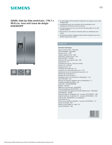 Product information | Siemens KA93DVIFP Réfrigérateur Américain Product fiche | Fixfr