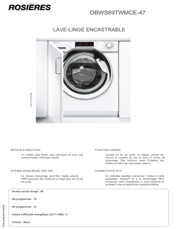 Product information | Rosieres OBWS69TWMCE-47 Lave linge hublot encastrable Product fiche | Fixfr