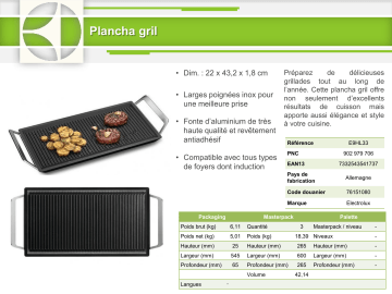 Product information | Electrolux Grill-E9HL33 Plancha Product fiche | Fixfr