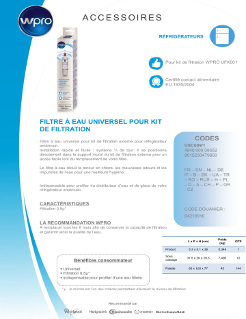 Product information | Wpro eau USC009/1 Filtre à eau Product fiche | Fixfr