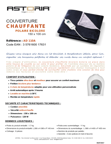 Product information | ASTORIA AD110A Couverture chauffante Manuel utilisateur | Fixfr