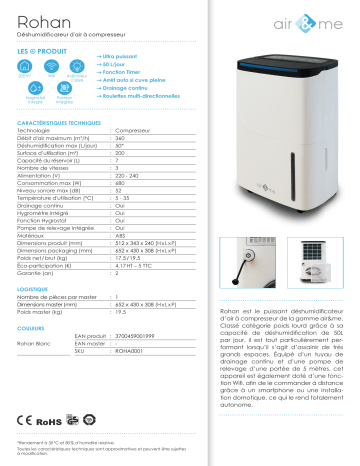 Product information | Air And Me Rohan connecté avec pompe intégrée Deshumidificateur Product fiche | Fixfr