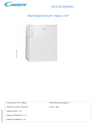Product information | Candy CKTOS604WH Réfrigérateur top Product fiche | Fixfr