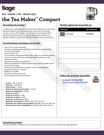 Product information | Sage Appliances Tea Maker Compact Théière Product fiche | Fixfr