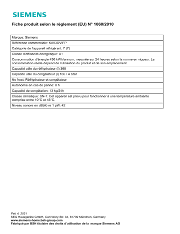 Product information | Siemens KA93DVIFP Réfrigérateur Américain Product fiche | Fixfr