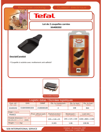 Product information | Tefal lot de 2 poelons à raclette carrées Coupelle à raclette Product fiche | Fixfr