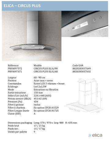 Product information | Elica CIRCUS PLUS IX/A/60 Hotte décorative murale Product fiche | Fixfr