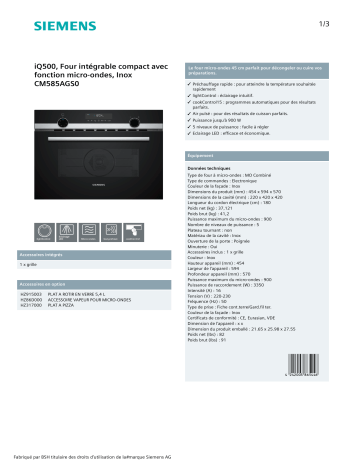 Product information | Siemens CM585AGS0 IQ500 Micro ondes encastrable Product fiche | Fixfr