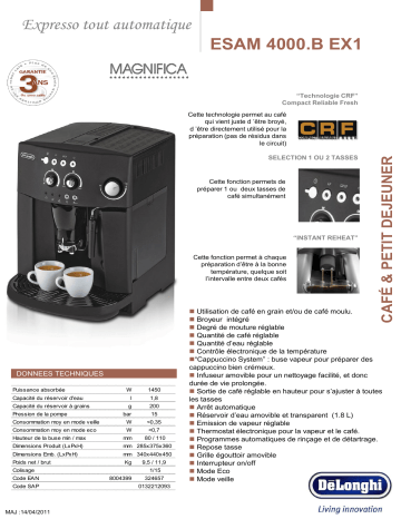Product information | Delonghi Magnifica ESAM 4000.B EX1 Expresso Broyeur Product fiche | Fixfr