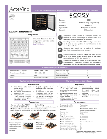 Product information | Artevino COSYP1T39NVD Cave à vin vieillissement Product fiche | Fixfr