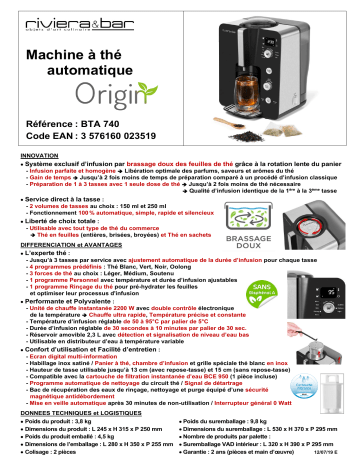 Product information | Riviera Et Bar BTA740 MACHINE A THE AUTOMATIQUE ORIGIN Machine à thé Product fiche | Fixfr
