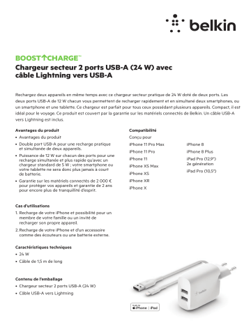 Product information | Belkin 24W 2xUSB-A 1m blanc Chargeur secteur Product fiche | Fixfr