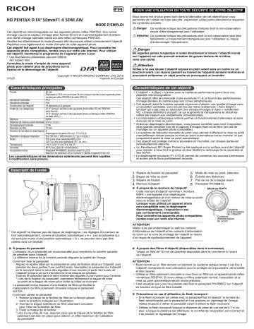 Manuel du propriétaire | Pentax HD FA 50mm f/1.4 SDM AW Objectif pour Reflex Owner's Manual | Fixfr