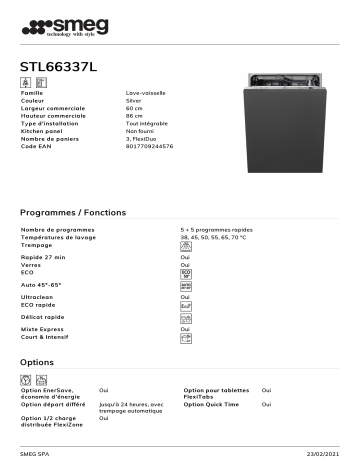 Product information | Smeg STL66337L Lave vaisselle tout intégrable Product fiche | Fixfr