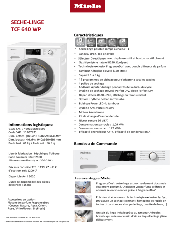 Product information | Miele TCF 640 WP Sèche linge pompe à chaleur Product fiche | Fixfr