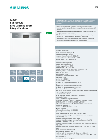 Product information | Siemens SN536S02IE IQ300 Lave vaisselle encastrable Product fiche | Fixfr