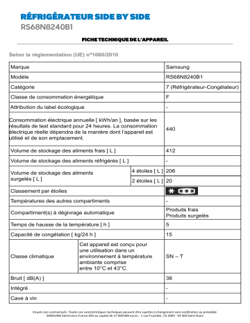 Product information | Samsung RS68N8240B1 Réfrigérateur Américain Product fiche | Fixfr