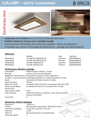 Product information | Elica LULLABY WOOD/F/120 Hotte plafond Product fiche | Fixfr
