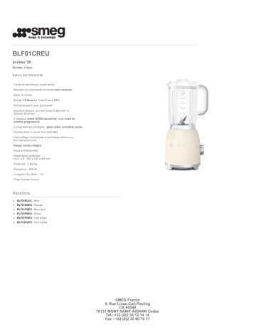 Product information | Smeg Crème BLF01CREU Blender Product fiche | Fixfr